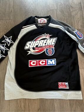 Supreme Black Hockey Jersey with Red, Blue & Silver Logo